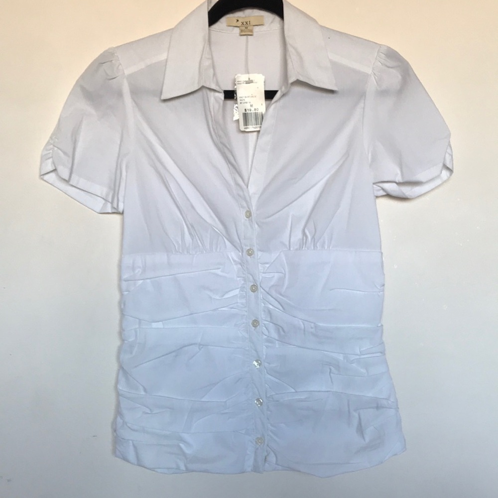 White button down gathered bottom shirt